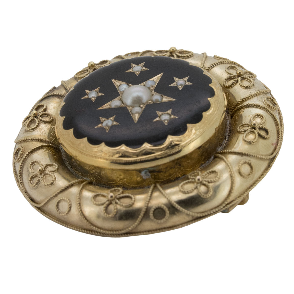 1195 – Antike große Biedermeierbrosche aus 585 Gelbgold mit Naturperlen und schwarzer Emaille – um 1840