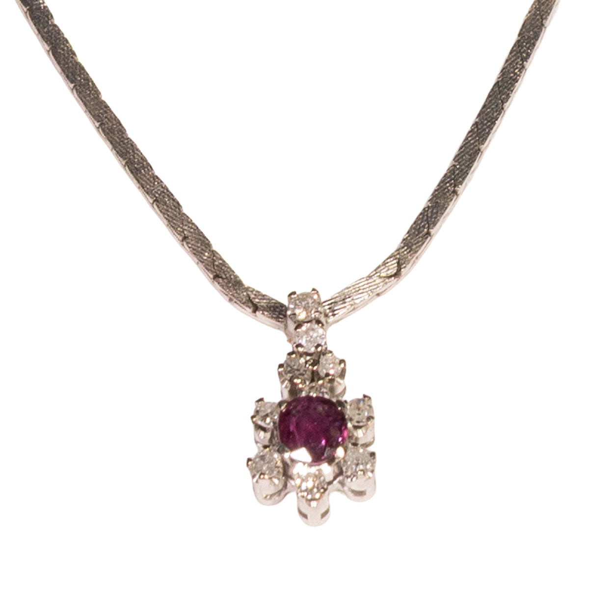 1198 – Vintage Collier aus 585 Weißgold mit Rubin und Diamanten – um 1970
