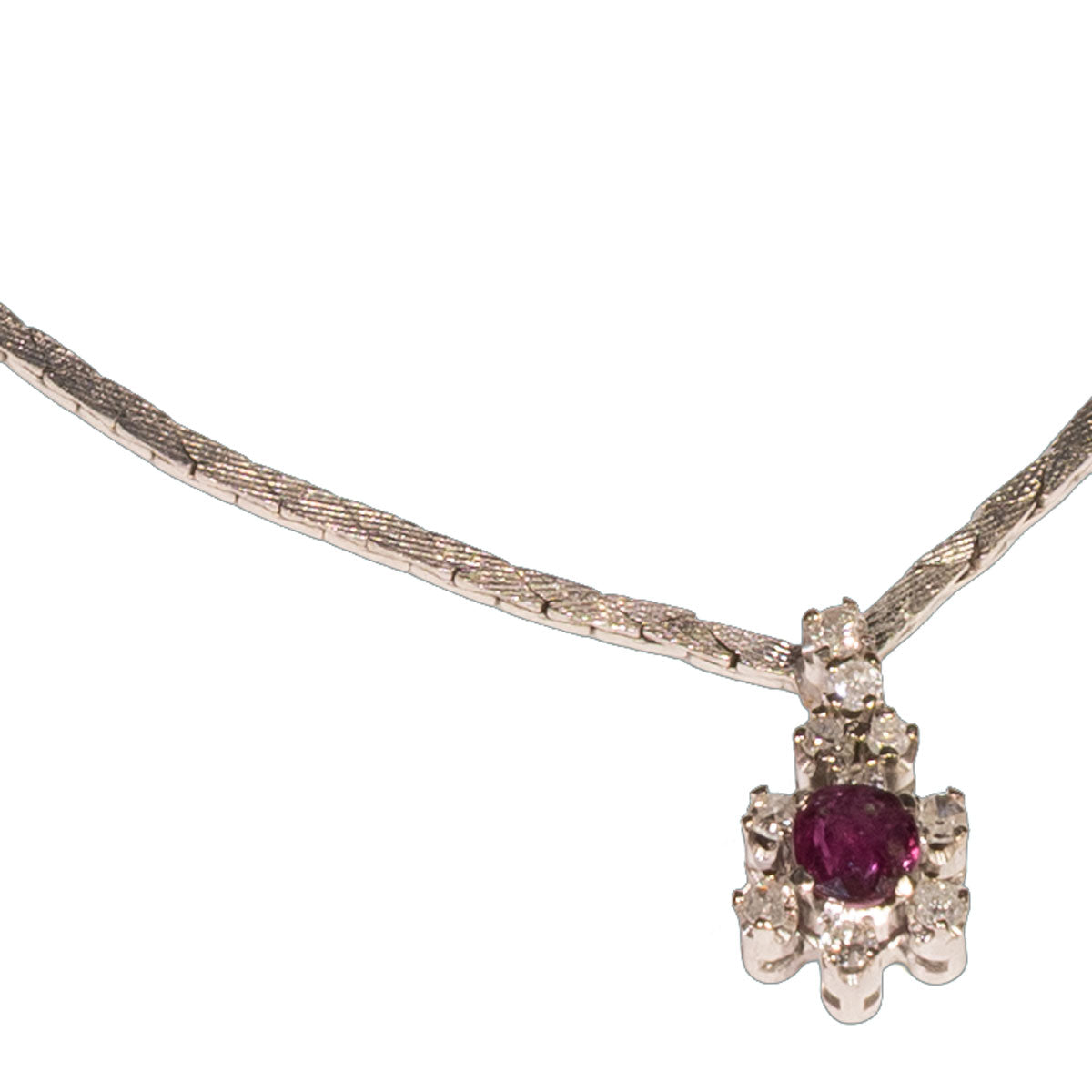 1198 – Vintage Collier aus 585 Weißgold mit Rubin und Diamanten – um 1970