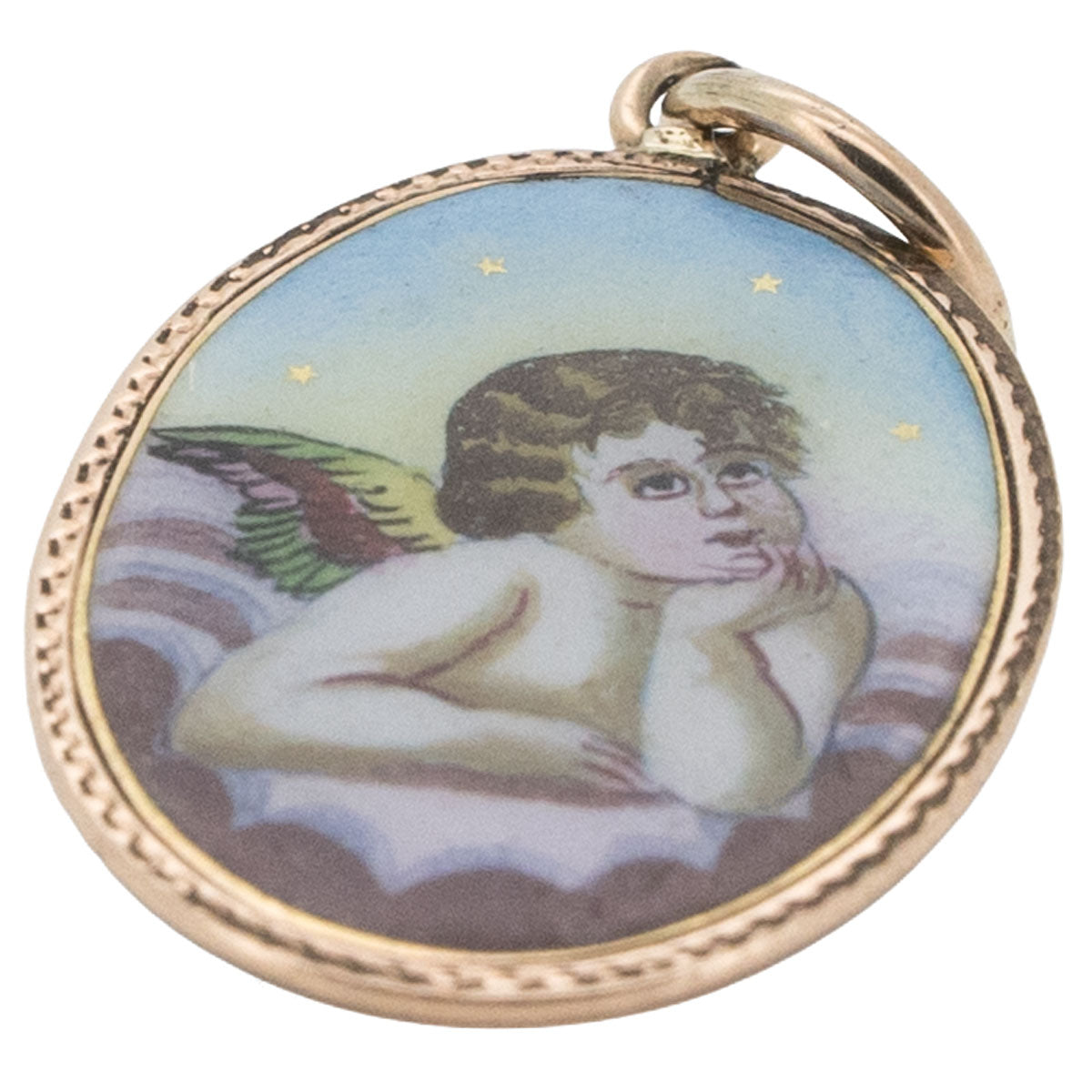 1199 – Antiker handgemalter Emaille-Anhänger „Engel Raffael“ aus 585 Roségold – um 1900