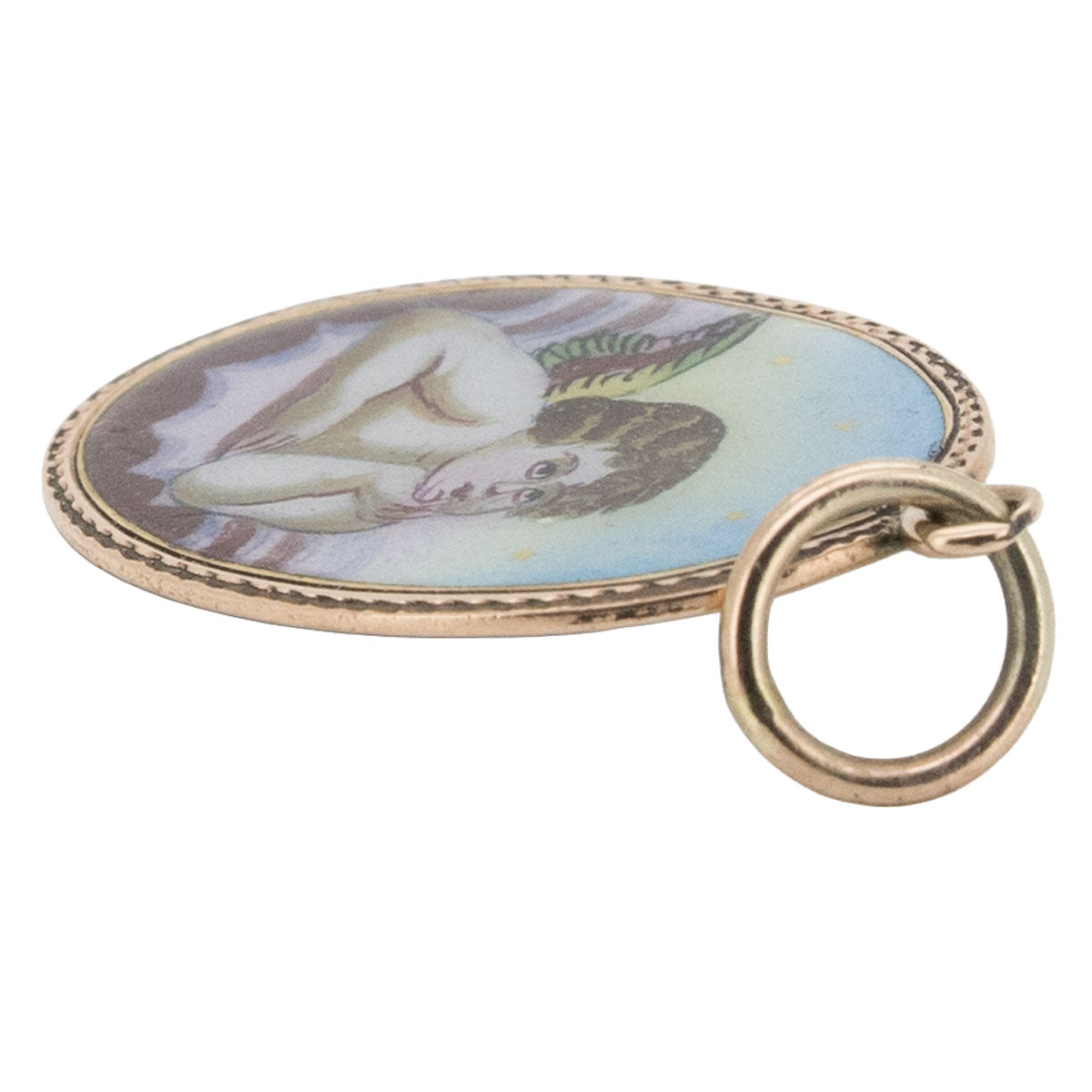 1199 – Antiker handgemalter Emaille-Anhänger „Engel Raffael“ aus 585 Roségold – um 1900