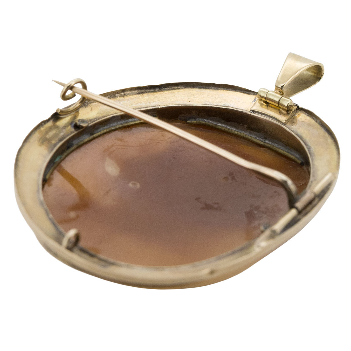 1203 – Antiker Kamee Anhänger / Brosche aus 585 Gelbgold mit handgeschnittener Muschelkamee – um 1870