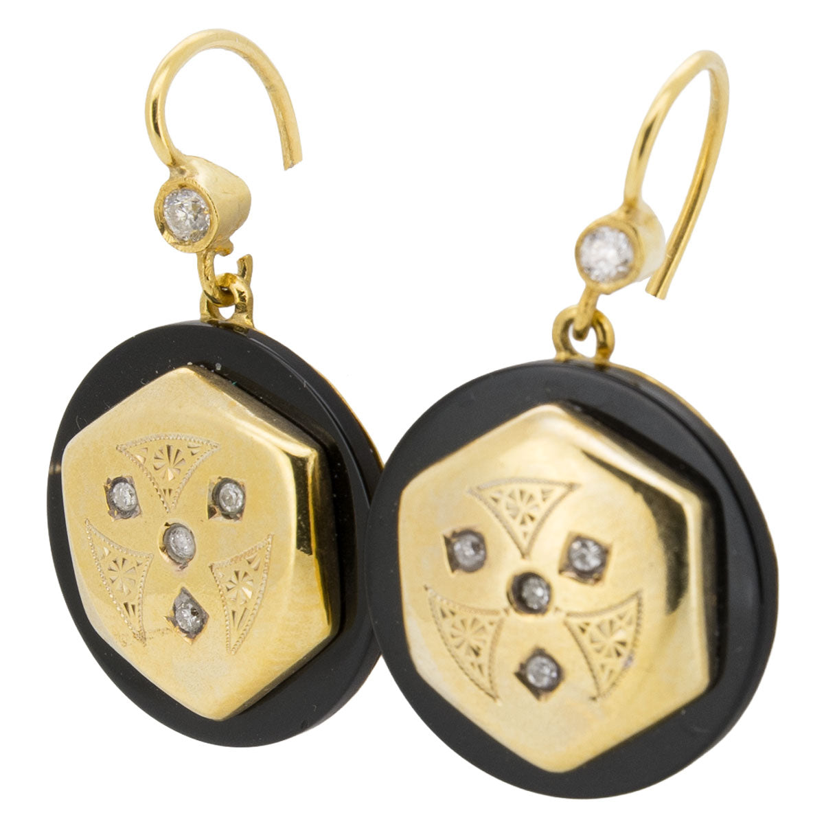 1208 – Antike Diamant-Ohrringe mit Onyx an S-Haken aus Gelbgold – Jugendstil – um 1900