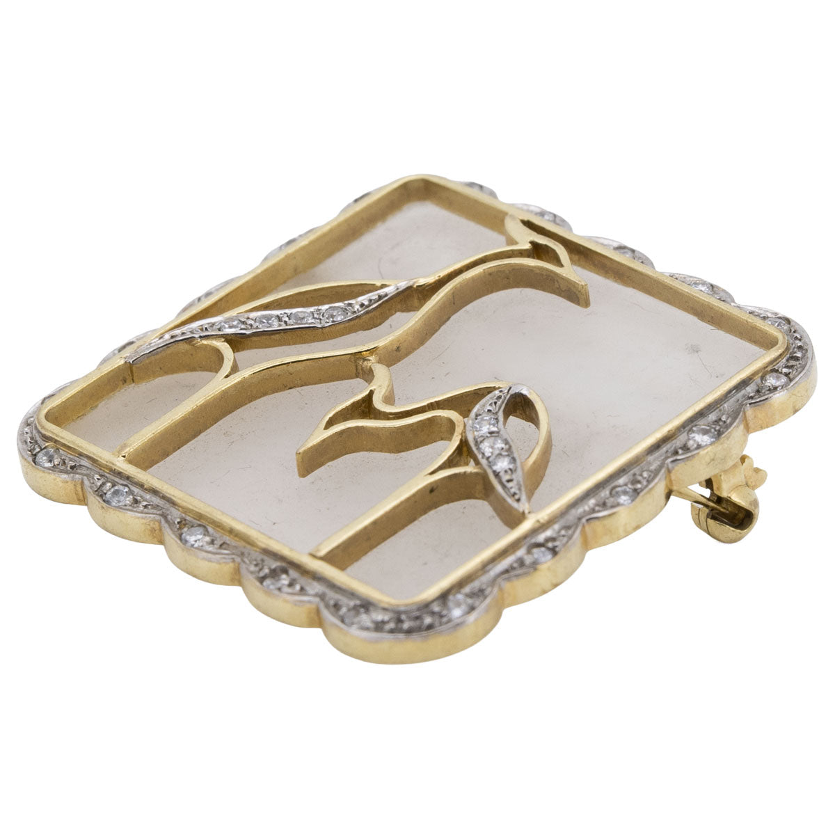 1213 – Antike Bergkristall - Diamantbrosche mit Darstellung zweier Kraniche aus 333 Gelbgold – Art Deco – um 1930