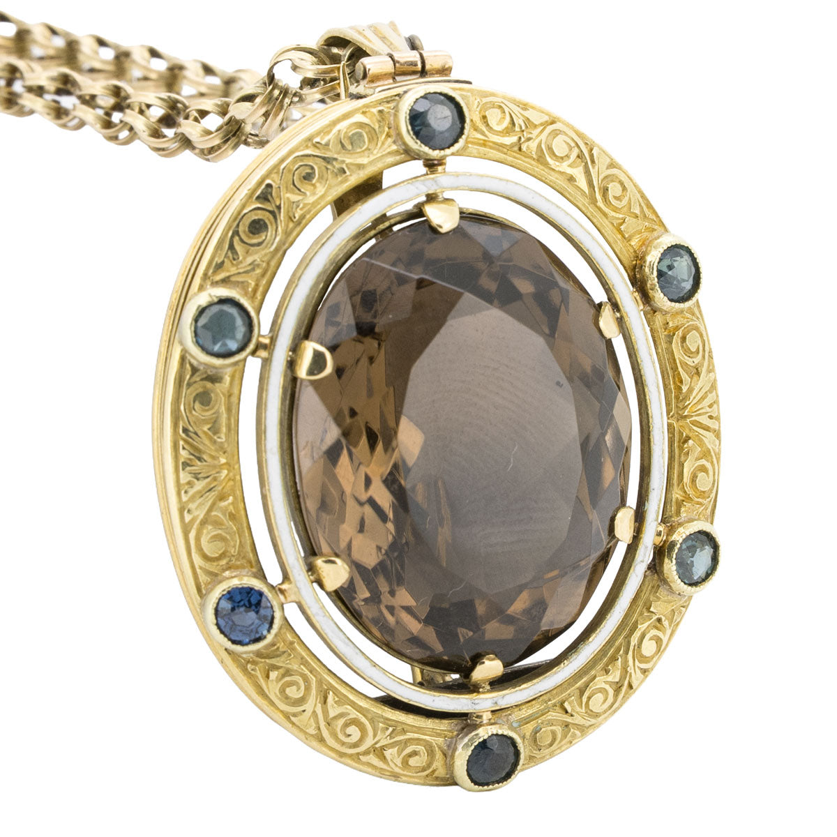 1214 – Antikes Collier als Anhänger und Brosche mit Rauchquarz und Saphiren aus 585 Gelbgold – Biedermeier – um 1840