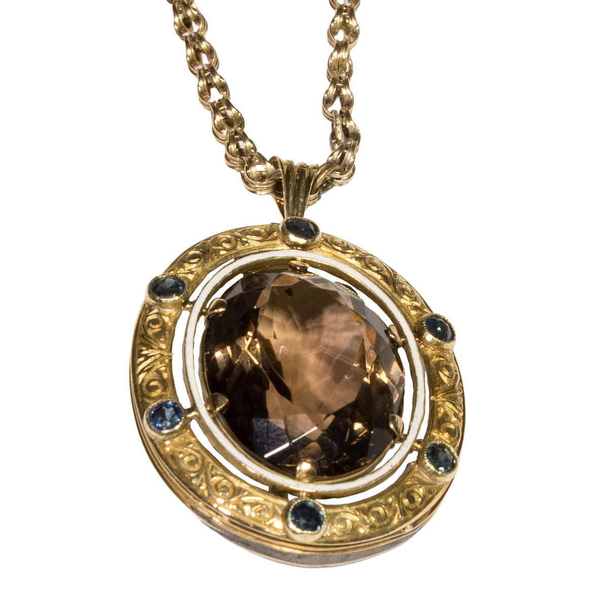 1214 – Antikes Collier als Anhänger und Brosche mit Rauchquarz und Saphiren aus 585 Gelbgold – Biedermeier – um 1840