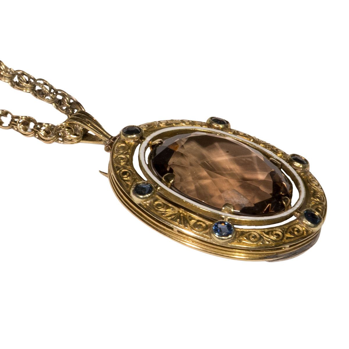 1214 – Antikes Collier als Anhänger und Brosche mit Rauchquarz und Saphiren aus 585 Gelbgold – Biedermeier – um 1840