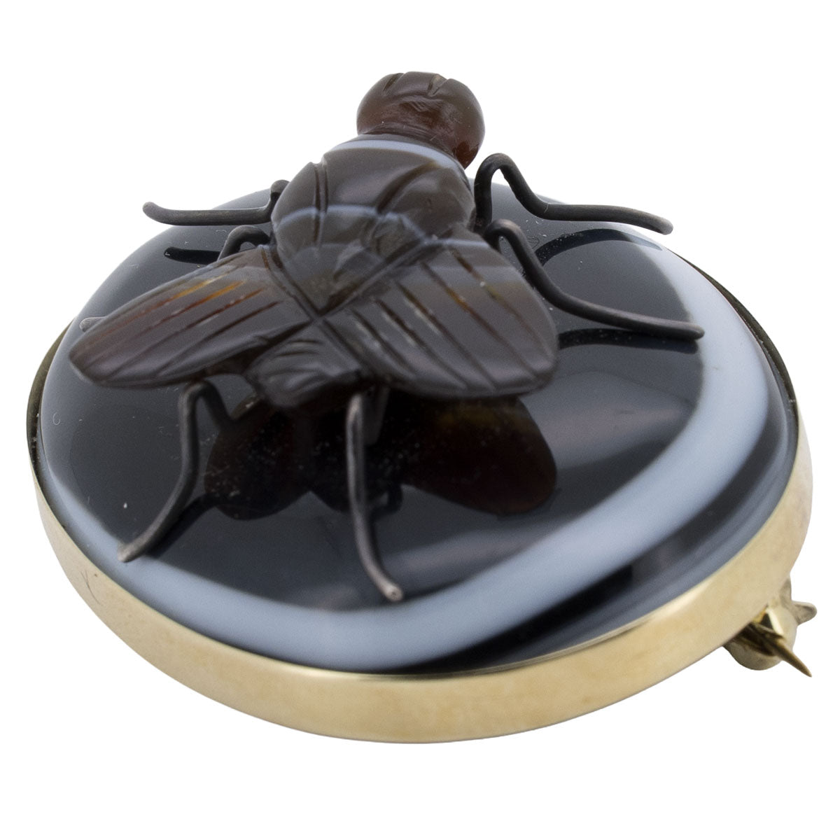 1215 – Antike viktorianische Brosche mit Sardonyx Fliegenmotiv aus 585 Gelbgold – um 1870