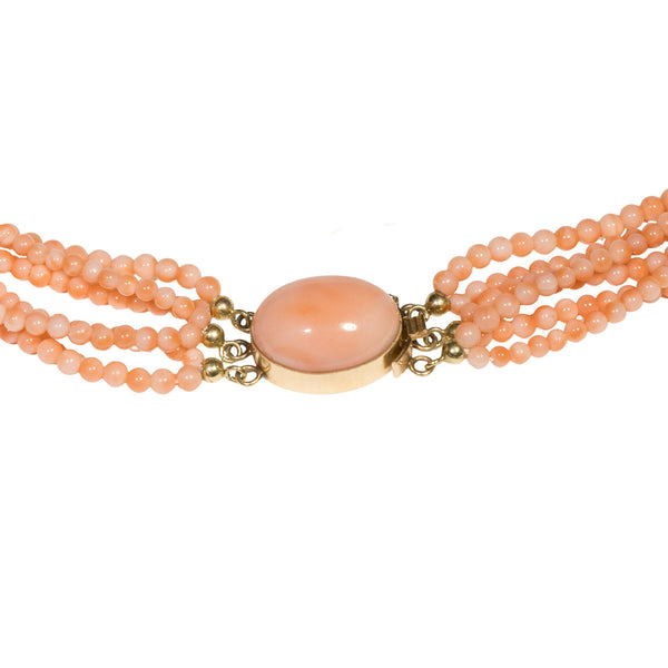 Sechsreihiges Collier aus natürlicher Engelshautkoralle mit Goldelementen aus 585 Gelbgold – Vintage
