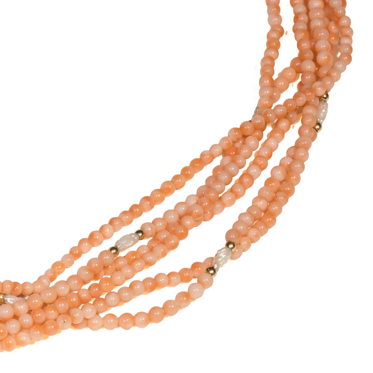 1220 – Sechsreihiges Collier aus natürlicher Engelshautkoralle mit Goldelementen aus 585 Gelbgold – Vintage