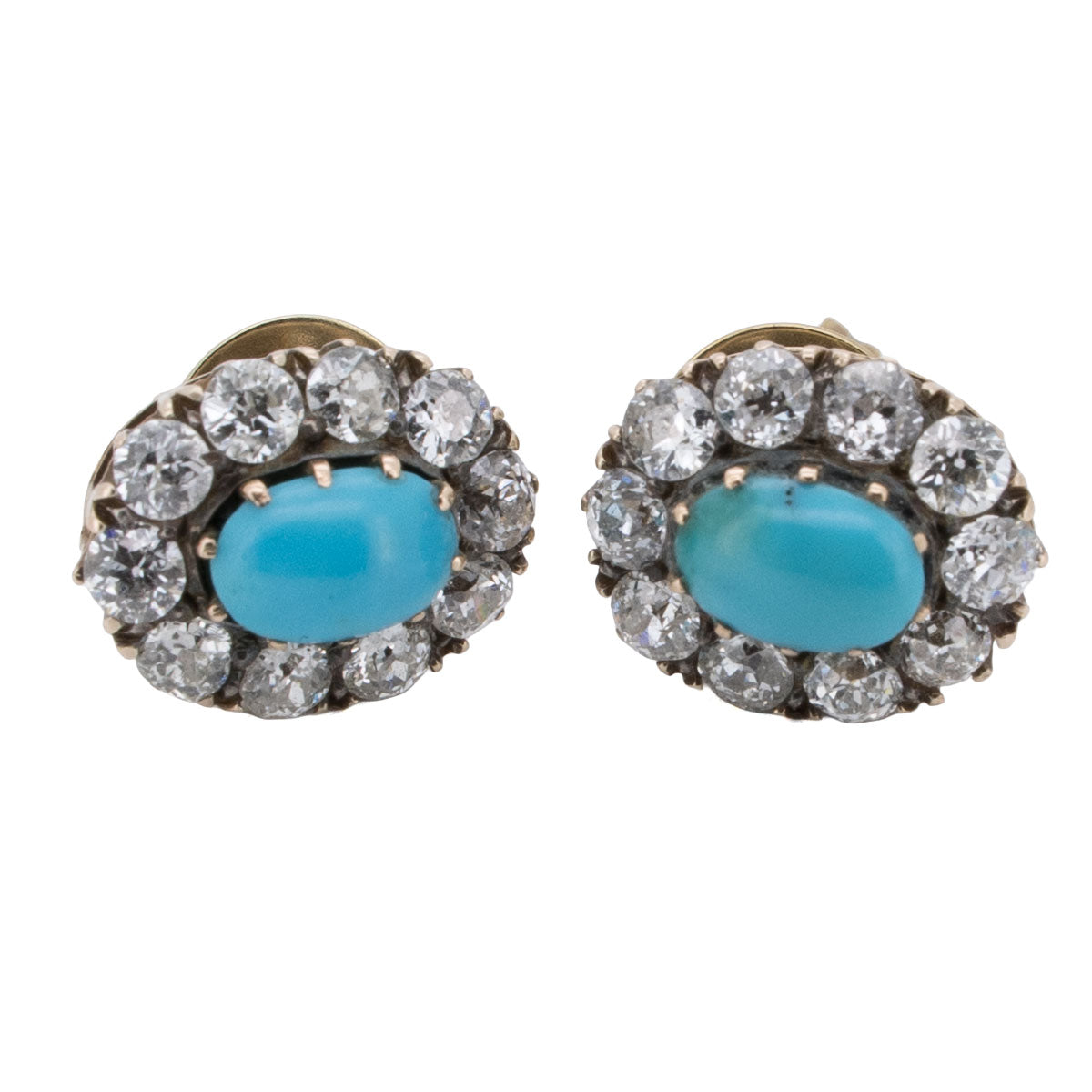 1221 – Antike Blümchen Ohrringe mit Türkis Cabochon und Diamanten aus 585 Gelbgold – um 1880