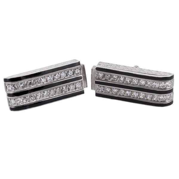 Antike Art Deco Ohrringe mit schwarzer Emaille und Diamanten aus Platin und Weißgold – um 1930