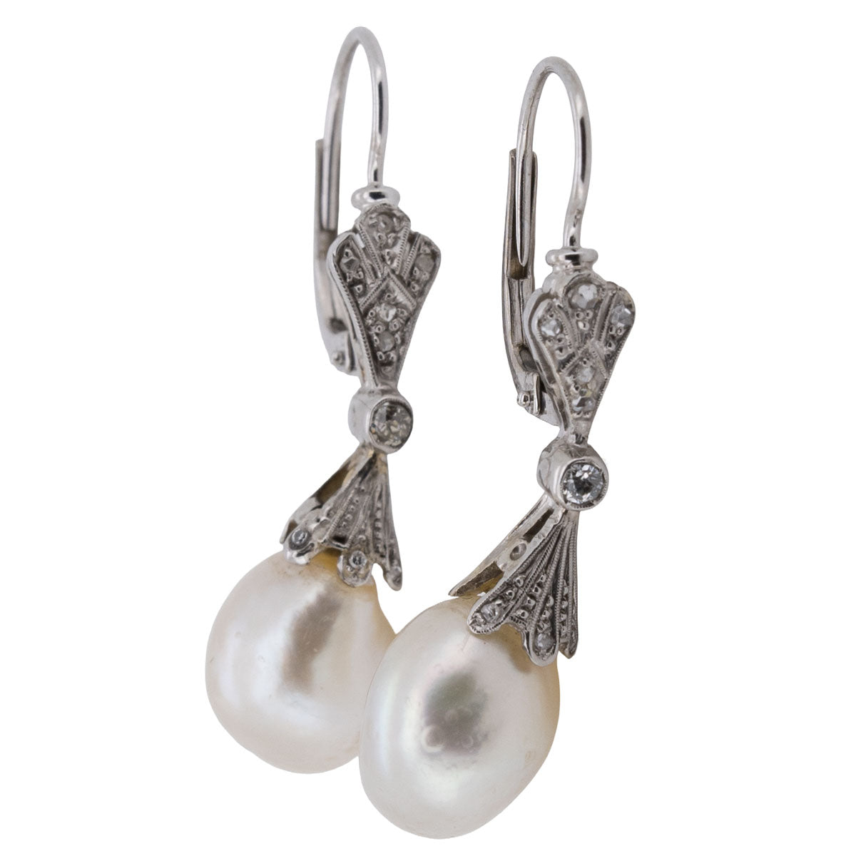 1226 – Antike Tropfen Perlohrringe aus Weißgold mit Diamanten – Art Deco – um 1930