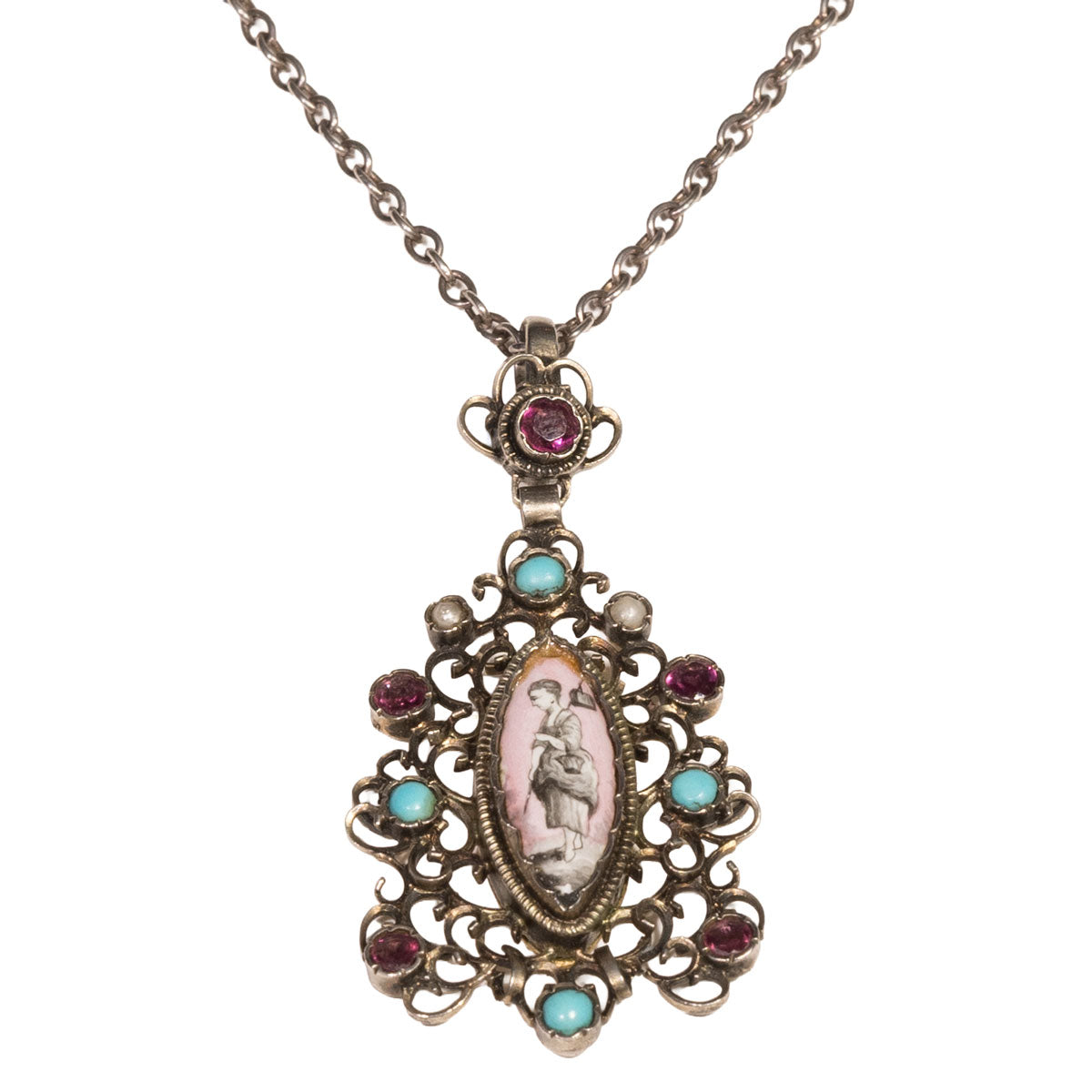 1227 – Antiker filigraner Anhänger mit Limoges Malerei, Türkisen und Almandinen aus Silber – Frankreich – um 1880