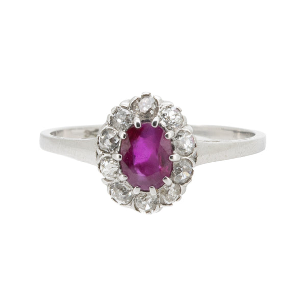 Art-Déco-Blümchen-Ring aus 585 Weißgold mit Rubin und Diamanten