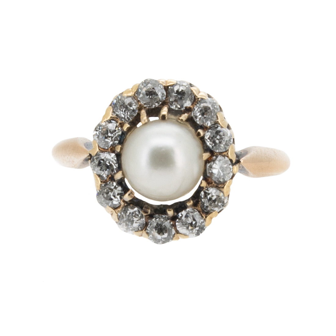 Jugendstil-Ring um 1900 aus 585 Roségold mit Naturperle und Diamanten