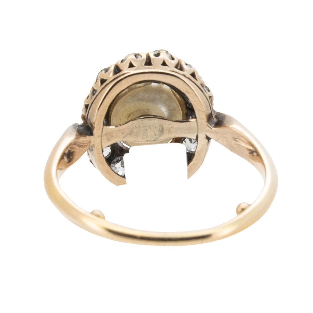 Jugendstil-Ring um 1900 aus 585 Roségold mit Naturperle und Diamanten