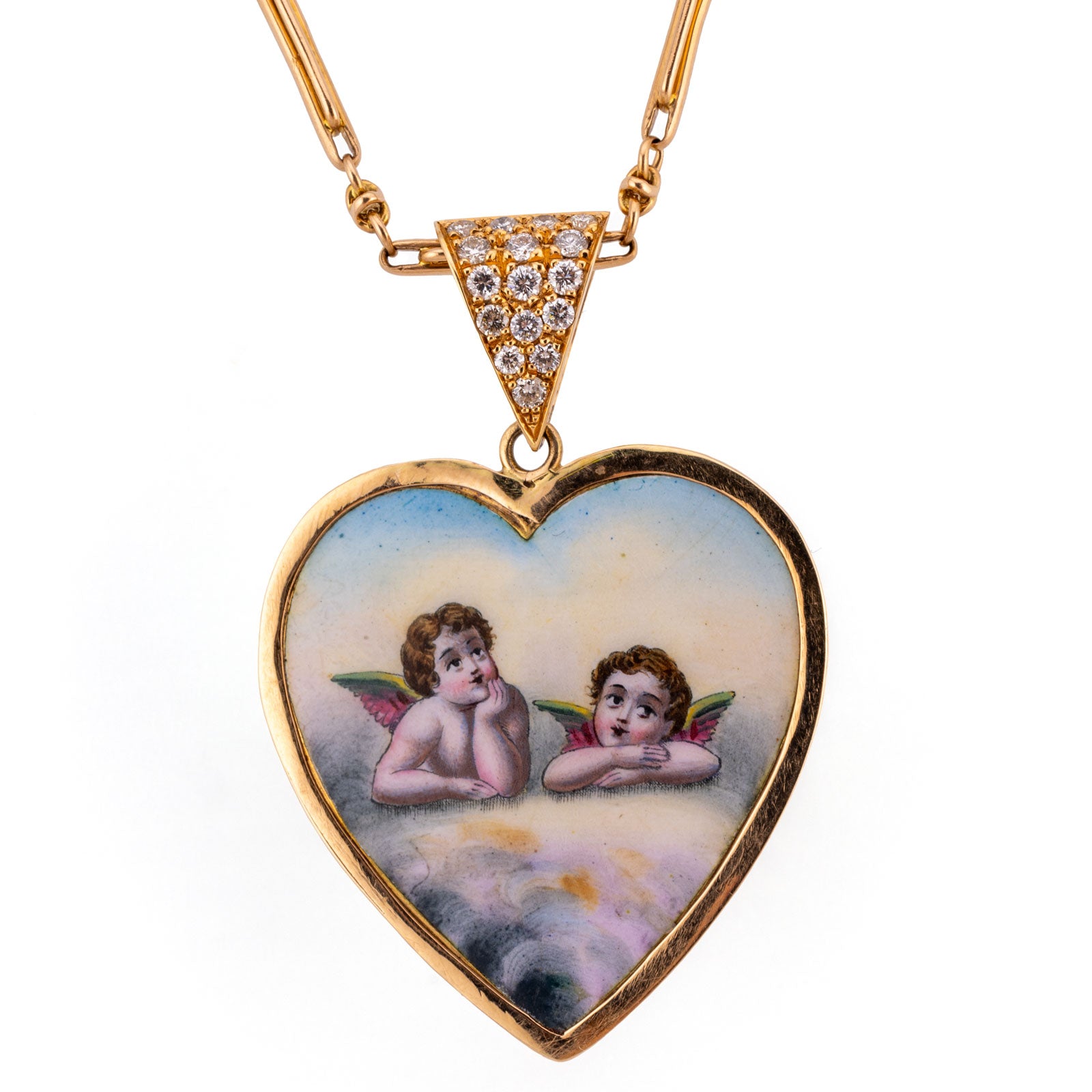 1013 antiker Brillant-Roségold Anhänger mit Handmalerei Engel Raphael um 1900